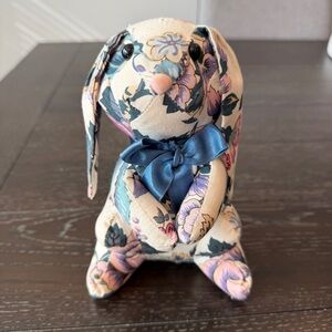 Vintage Floral Fabric Bunny‎ Plush with Blue Bow 8” Nursery Grannycore Decor
